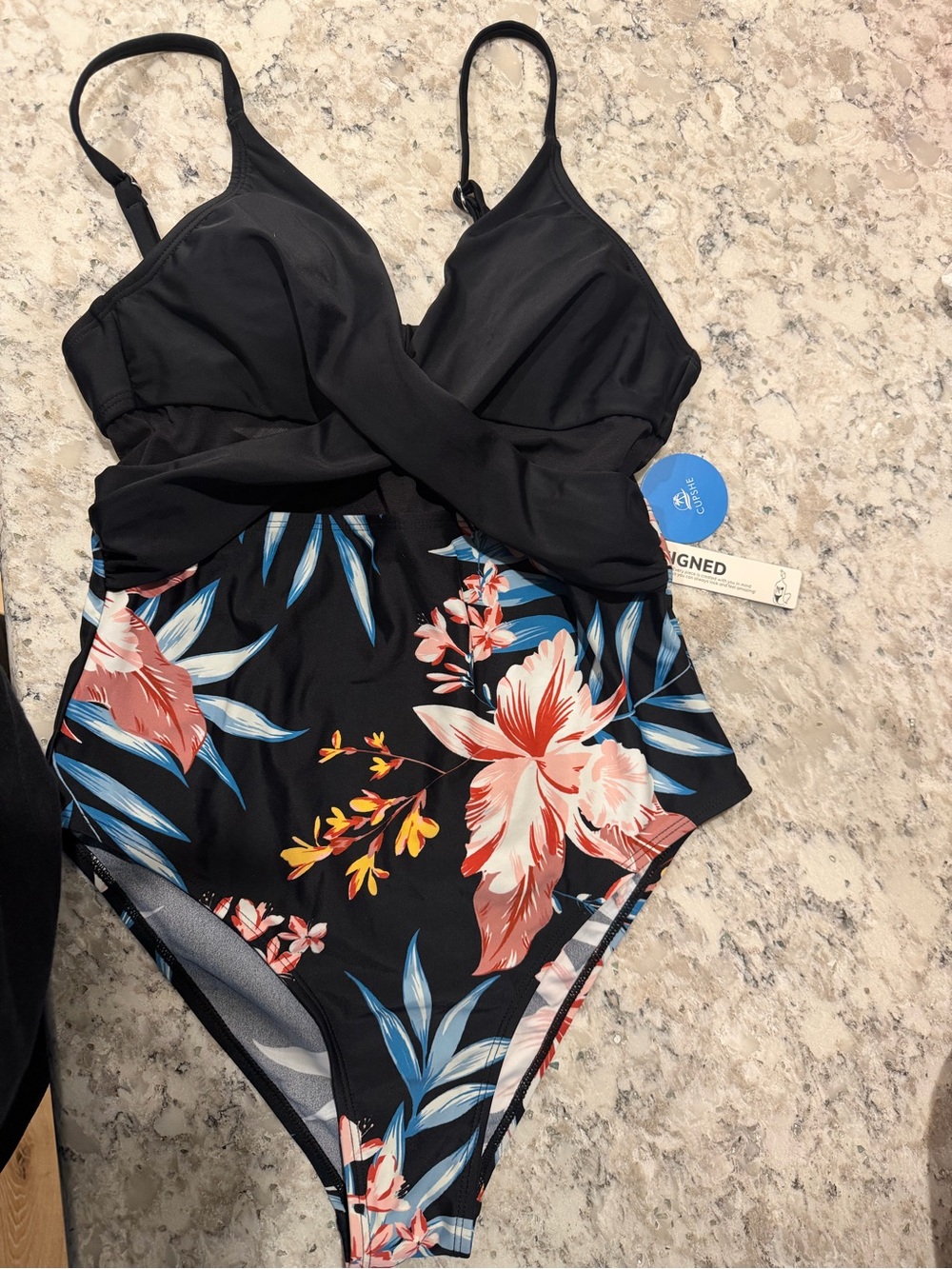 Cupshe Black Floral One-Piece Swimsuit with Coral and Blue Blooms